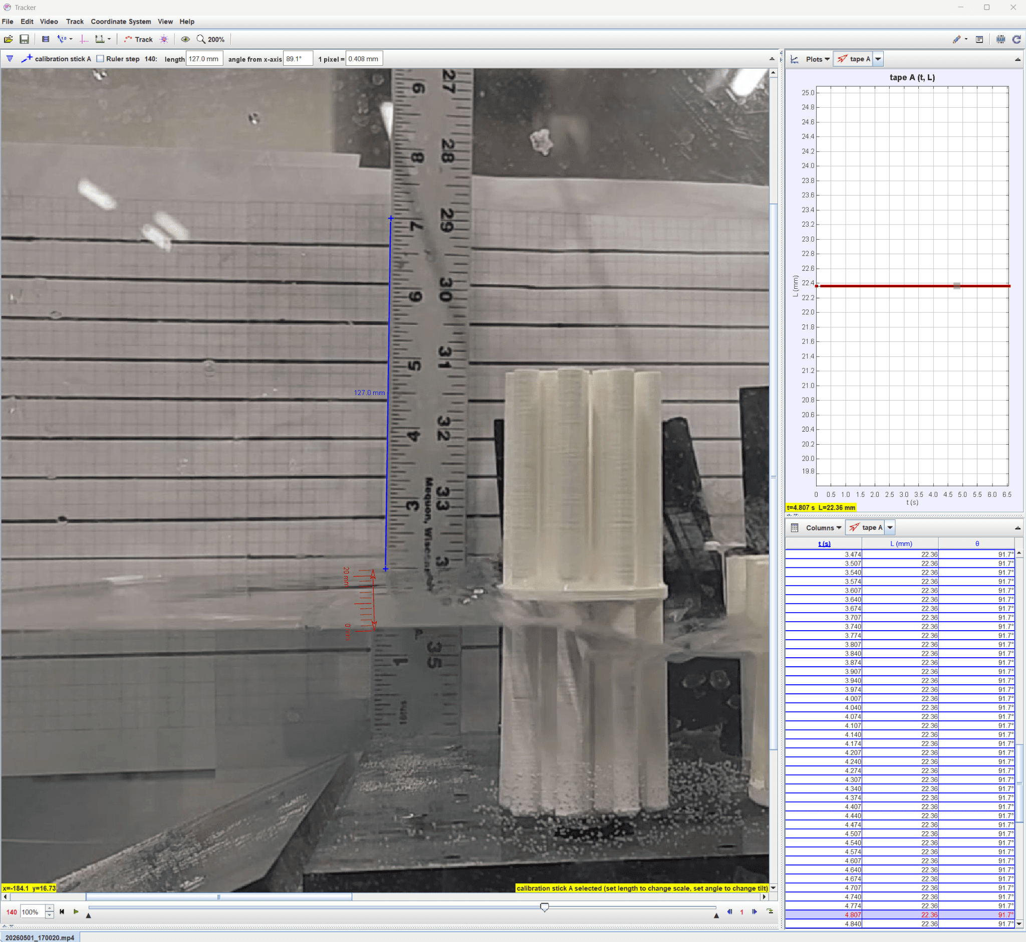 Tracker screenshot showing the ruler, a 127 millimeter calibration reference, and a wave-height measurement