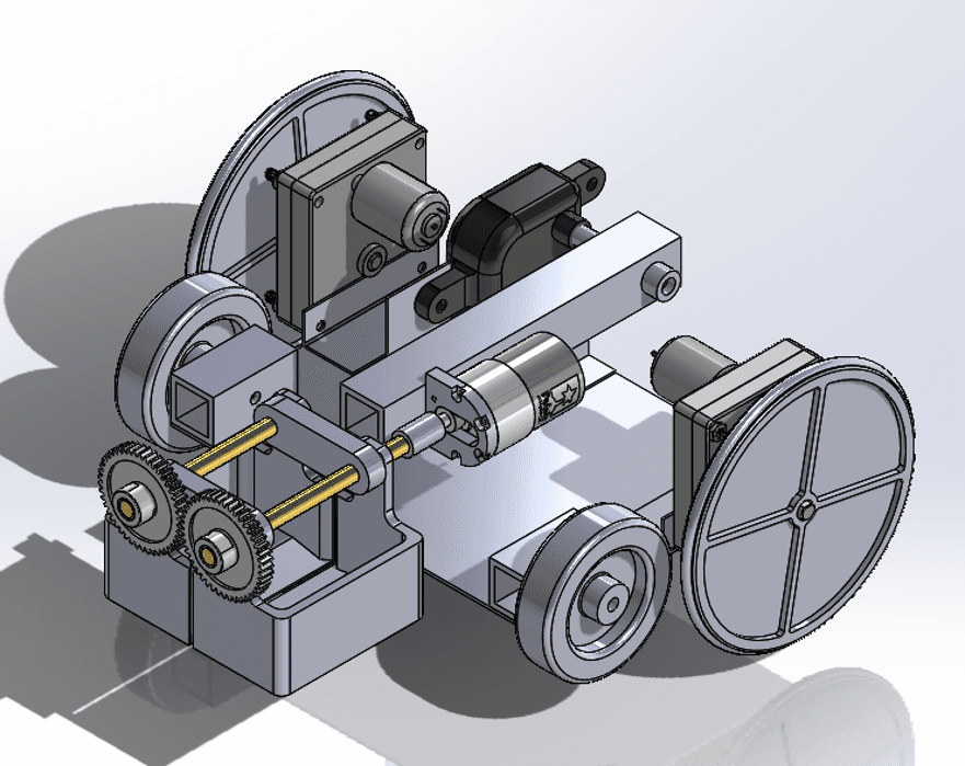 SolidWorks assembly showing the robot arm, wheels, motors, and an earlier claw design