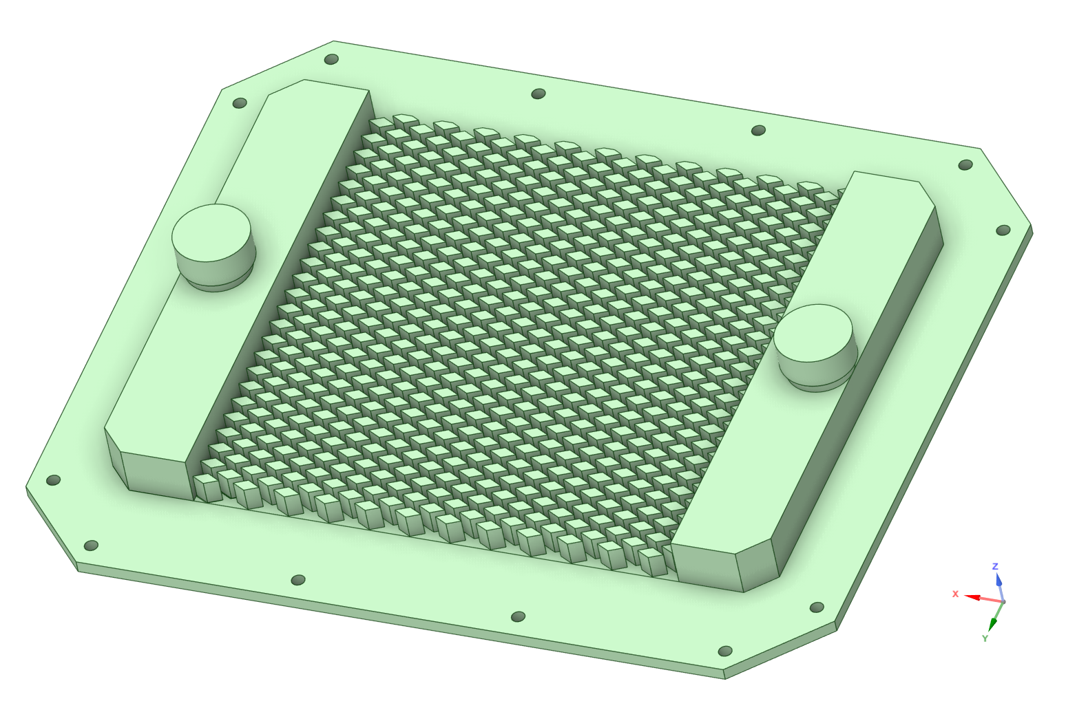 Cold plate geometry with diamond pin fins and inlet and outlet regions